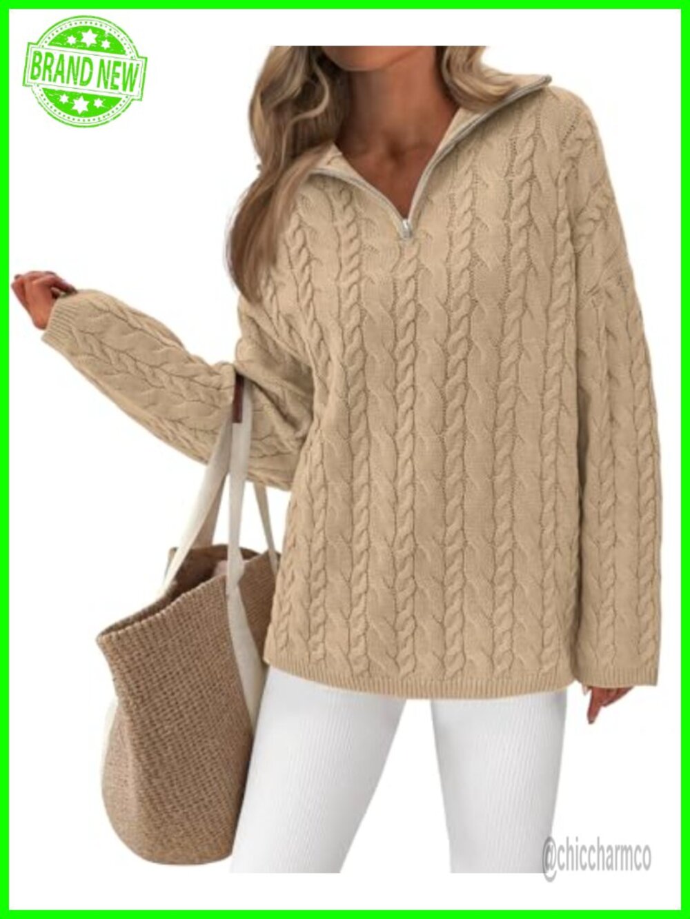 PRETTYGARDEN Quarter Zip Cable Knit Sweater V Neck Pullover Loose Fit